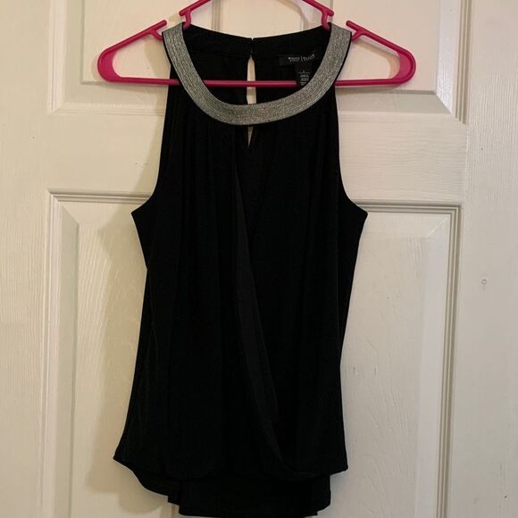 White House Black Market Faux Wrap Black Top With Silver Neckline Size Small - Picture 2 of 6